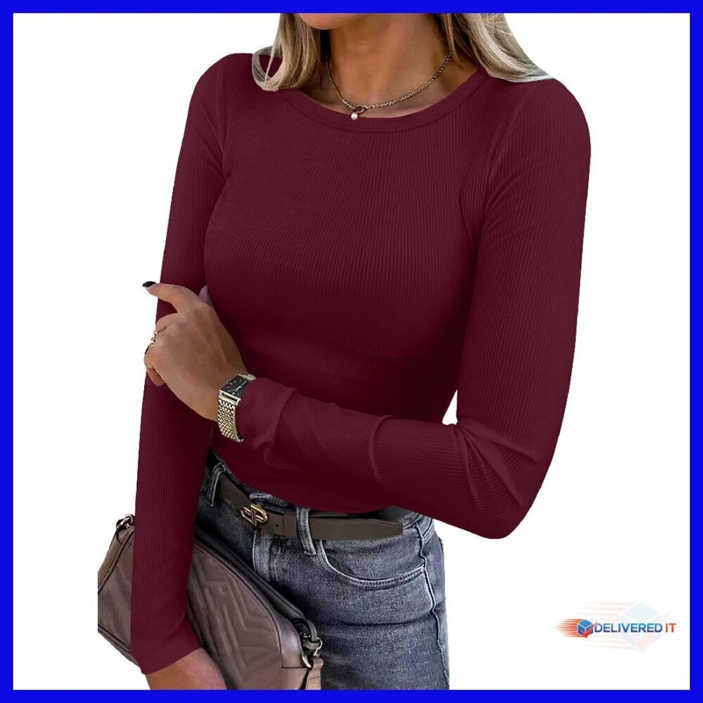 Slim Fit Long Sleeve Rib Knit Tee - Rayon Blend Basic Top